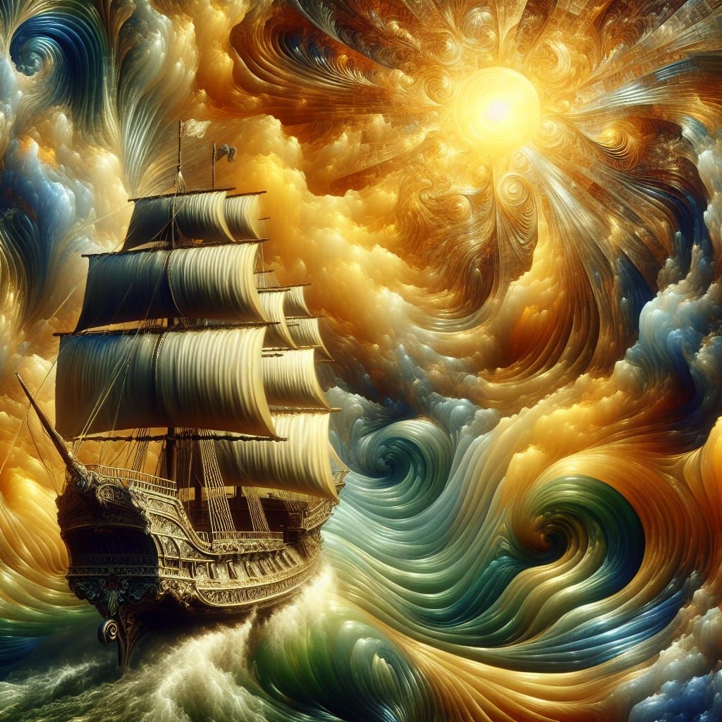 Luxurious Vessel Sails Across Luminous, Golden Ocean