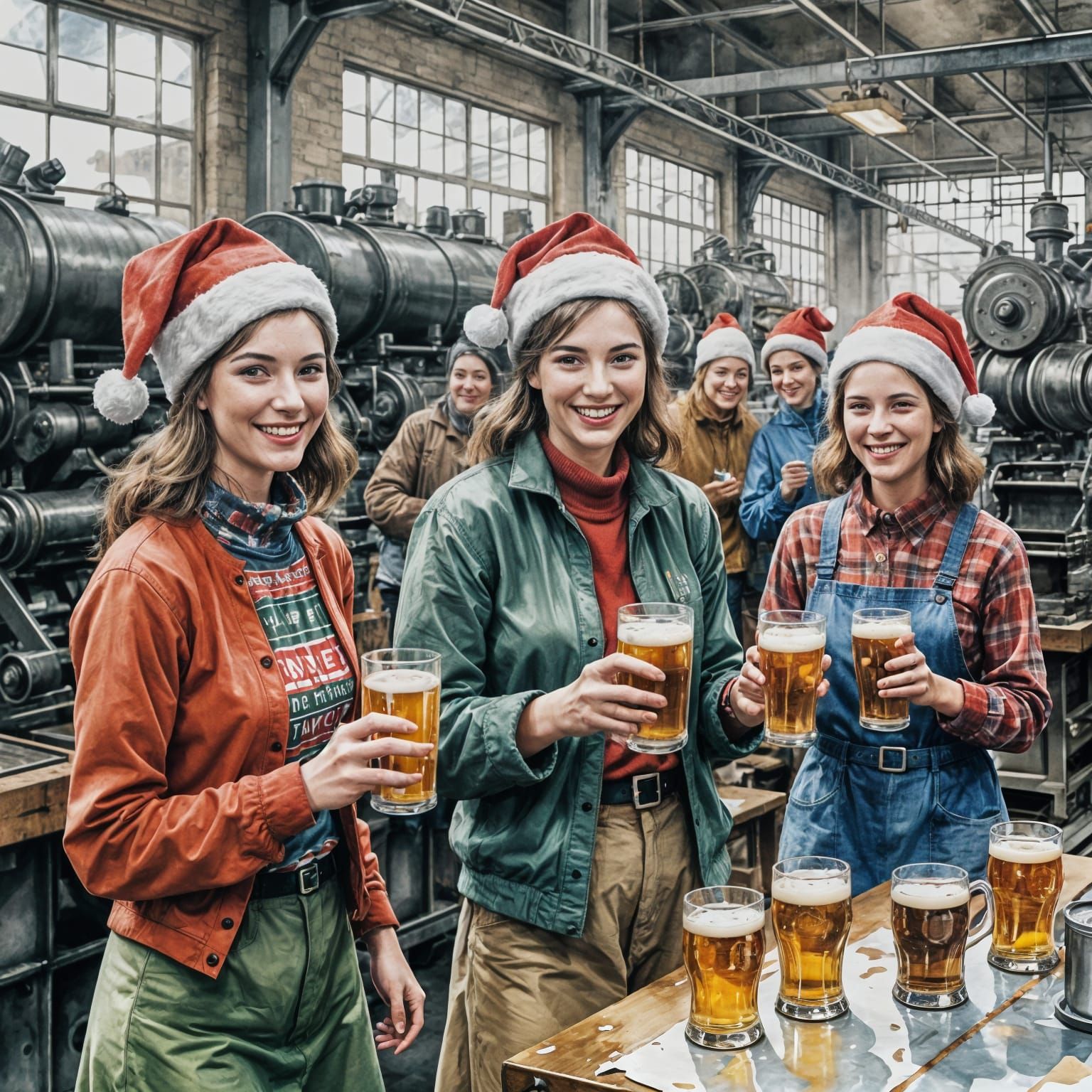 Cheerful Factory Workers Celebrate Christmas with Beer