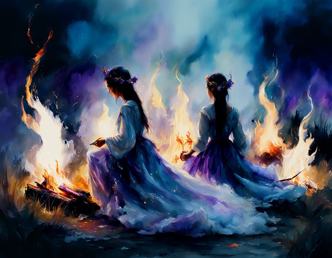 Witch Burning in Fiery Splendor with Purple & Gold Hues