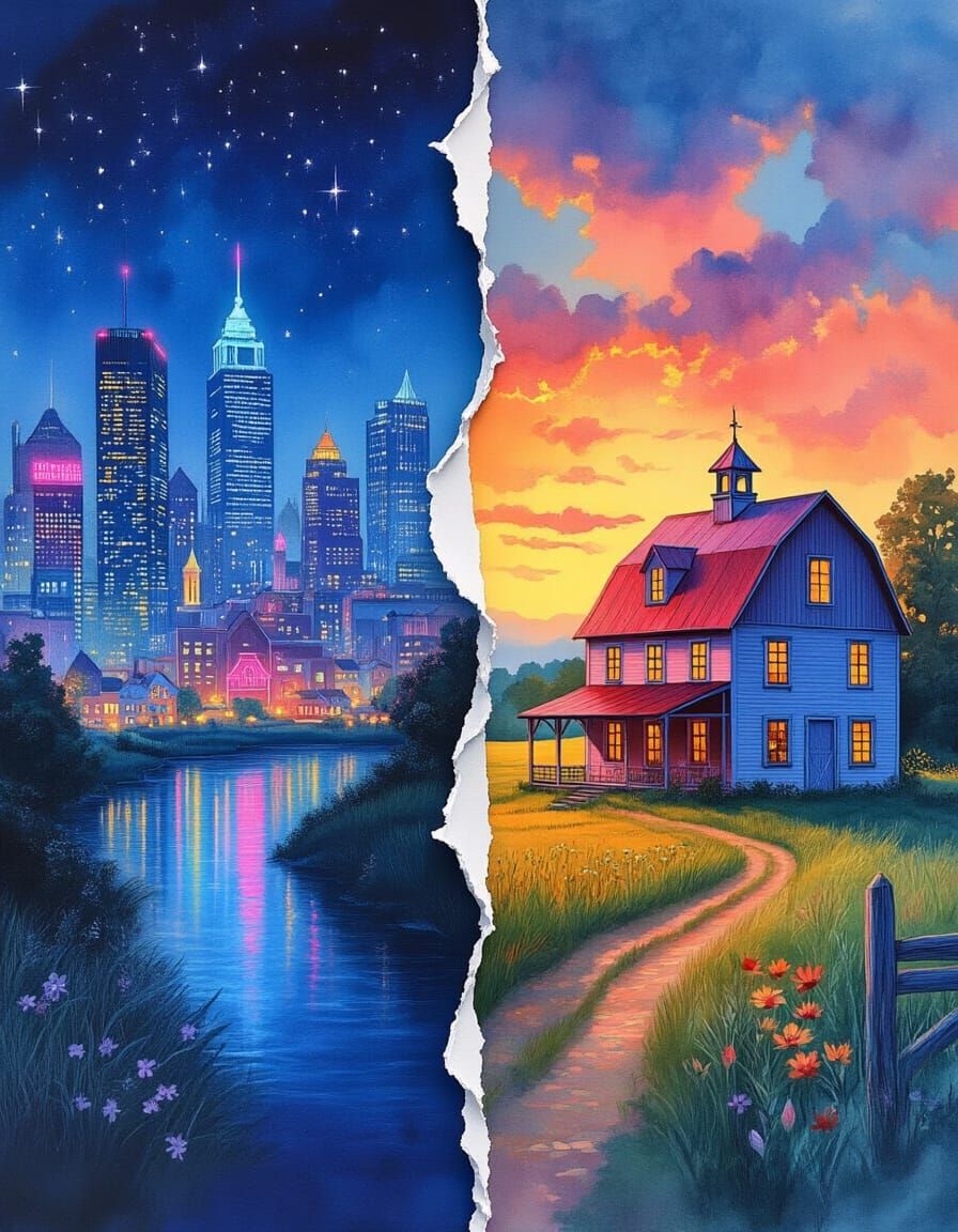 Contrast City Night Country Day Torn Paper Art