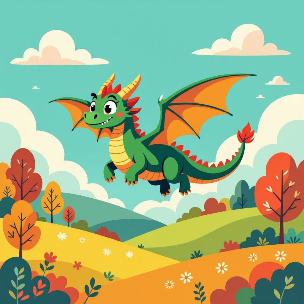 Friendly Dragon Soaring Through Whimsical Landscape