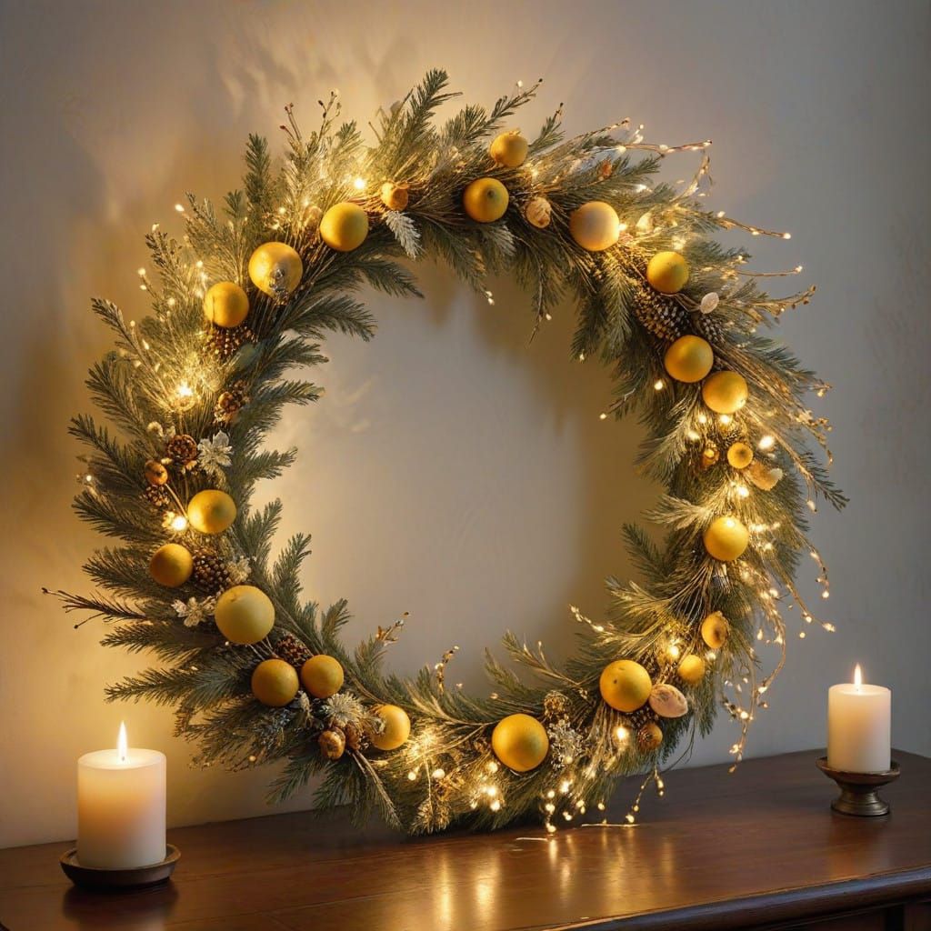 A golden wreath crafted from mimosa blossoms and accented wi...