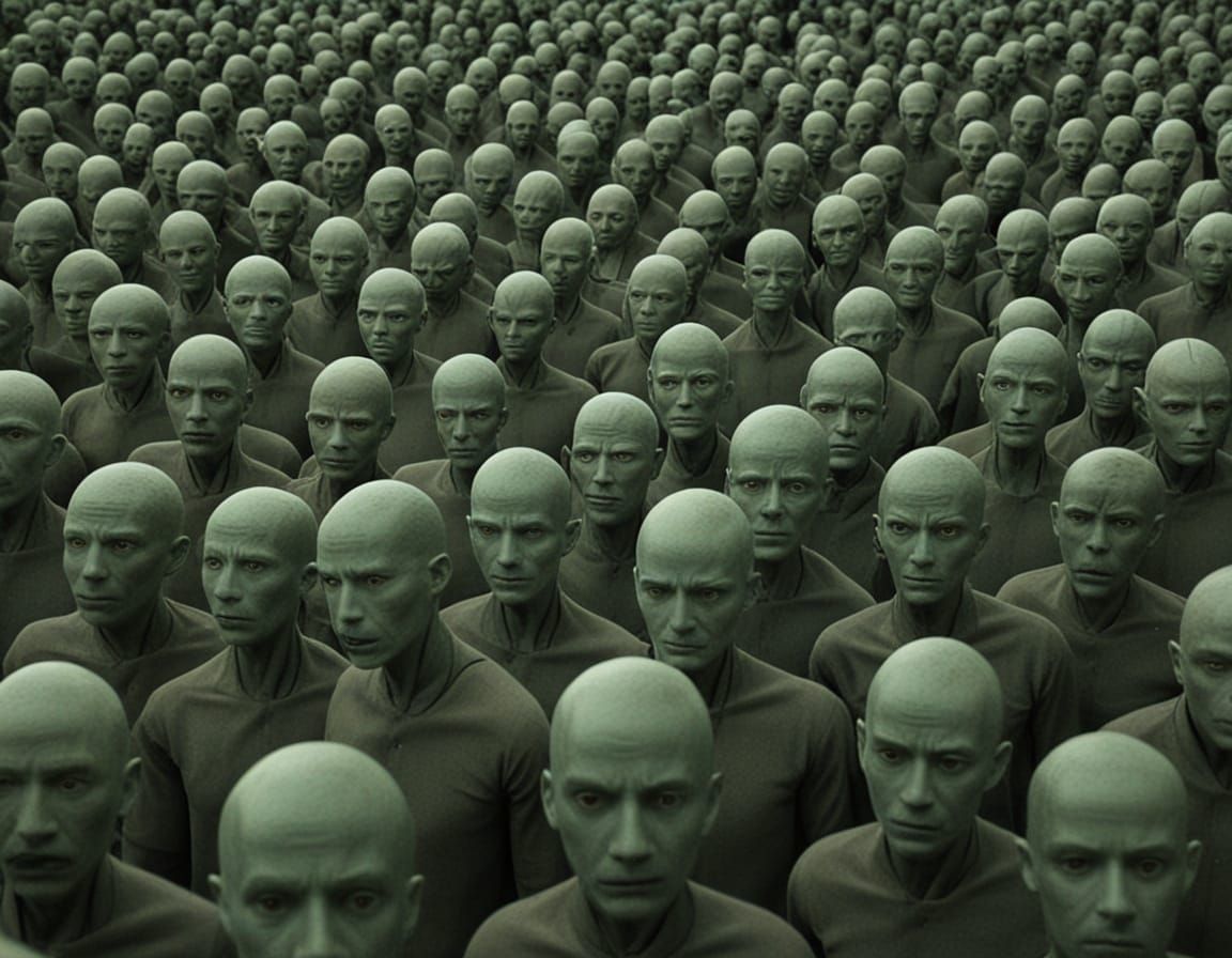 Dystopian Army of Faceless, Green Humanoids in a Desolate Vo...