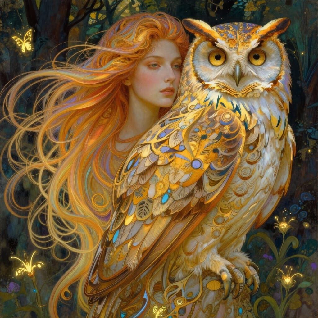 Surreal Vision of Woman and Owl Interwoven in Art Nouveau St...