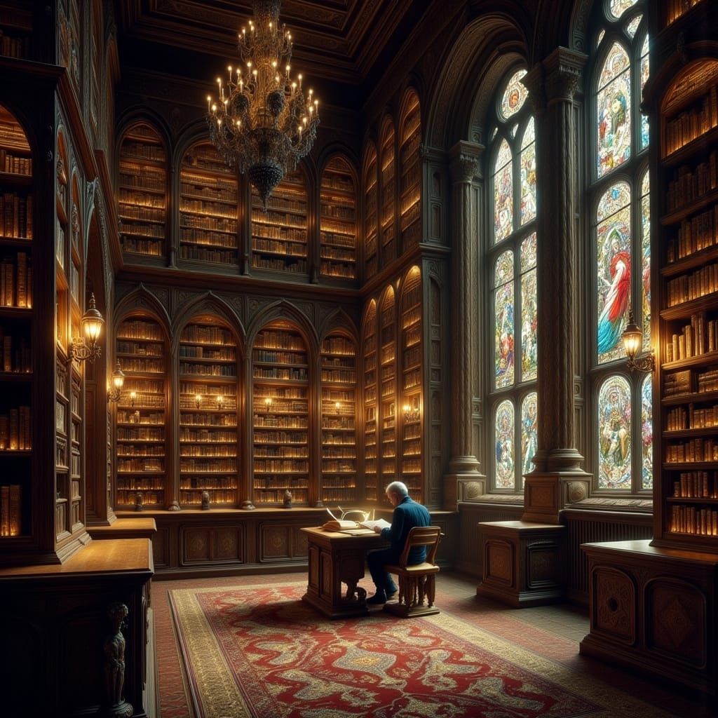 Grand Library Scene in Rembrandt Oil Painting Style