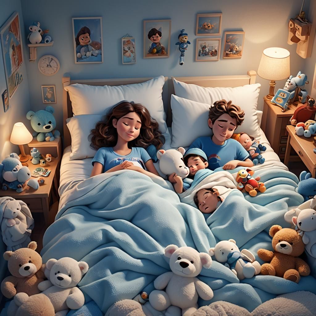 Cozy Family Asleep in Pixar-Inspired 3D Art