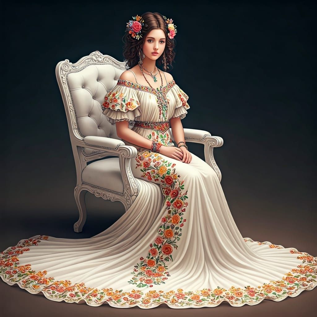 Elegant Girl in Embroidered Dress, Art Nouveau Style