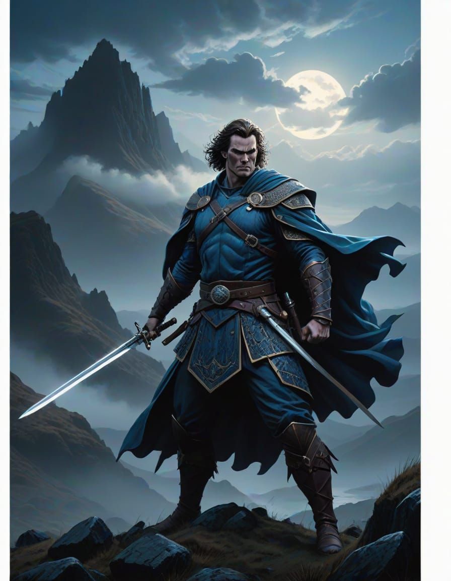 Victorious Highlander in Scottish Landscape, in a Comic Book...