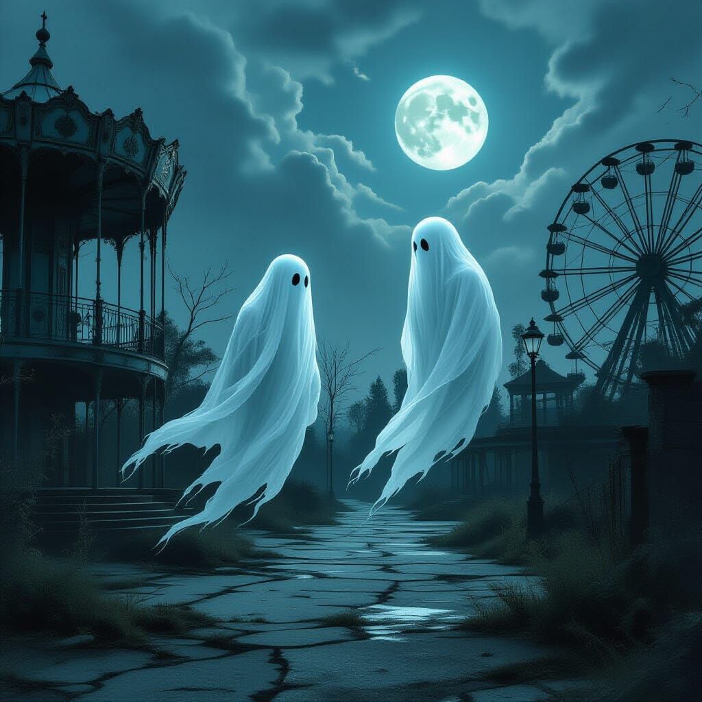 Ethereal Ghosts Haunt Abandoned Amusement Park at Twilight