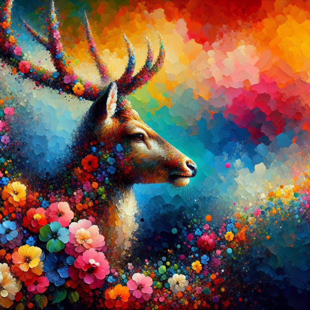 Deer with Blossoms: Impressionist Maximalist Masterpiece