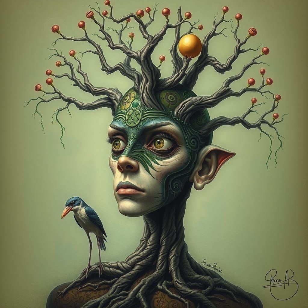 Surreal Anthropomorphic Tree Portrait in Psychedelic Style