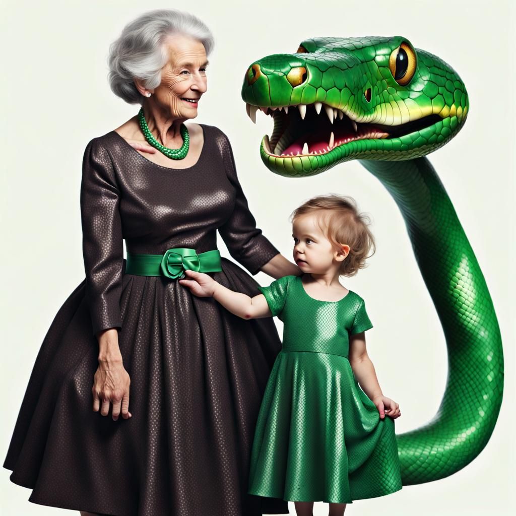 Grandmother with granddaughter and her green mamba snake friend