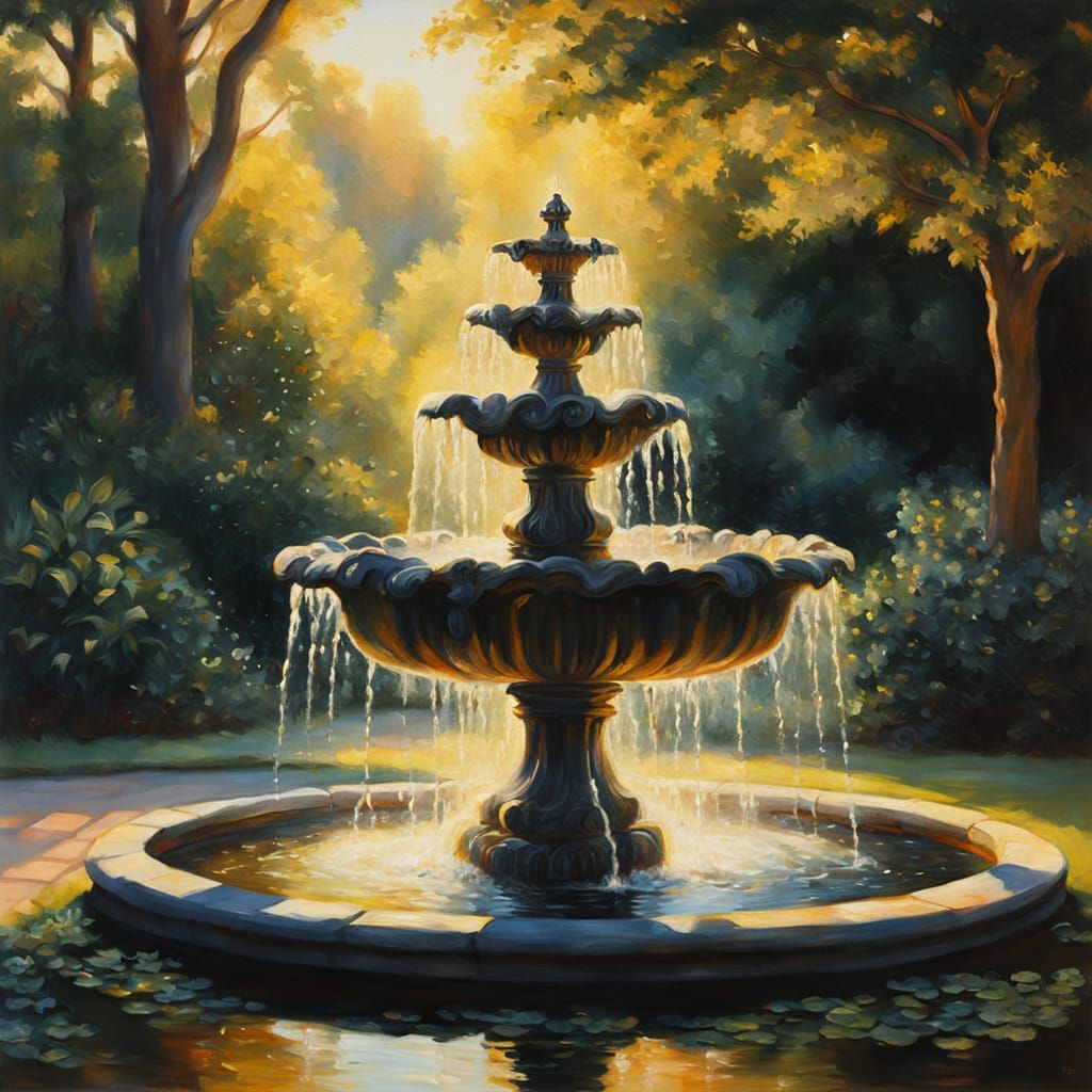 Triton Fountain in Garden: Oil Painting