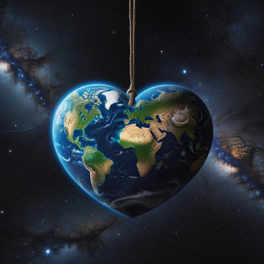 The Earth shaped like a heart hanging in space.