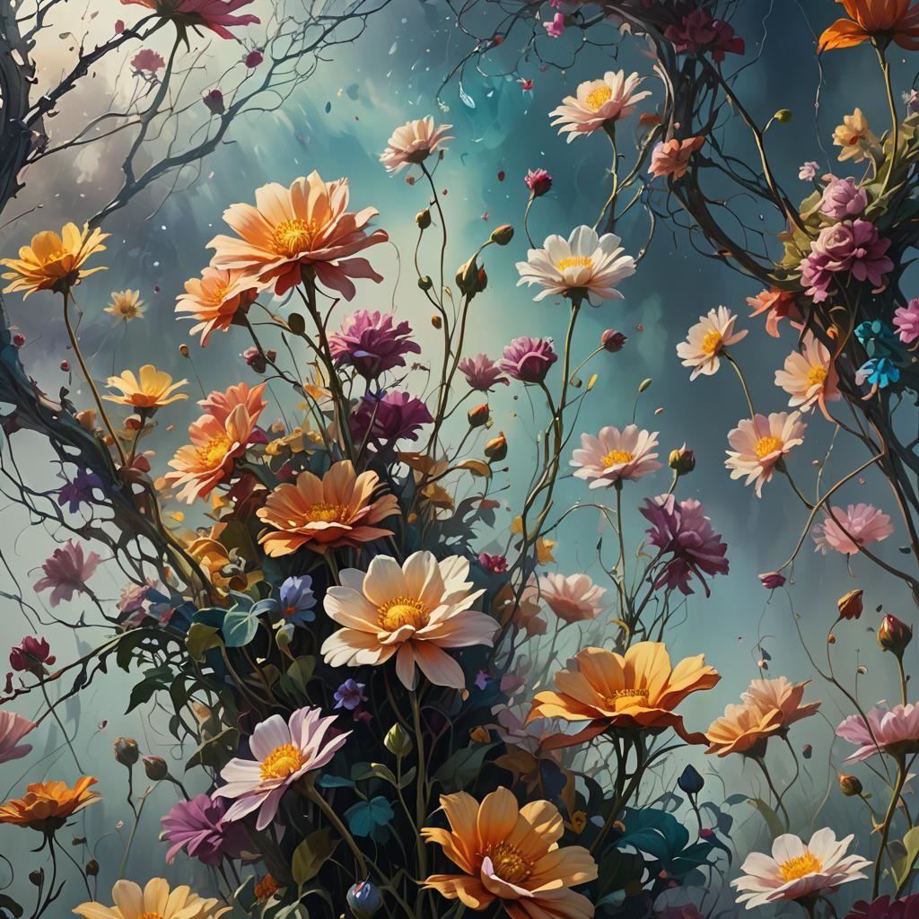 Surreal Autumn Flowers in Warped Space: Oil Painting
