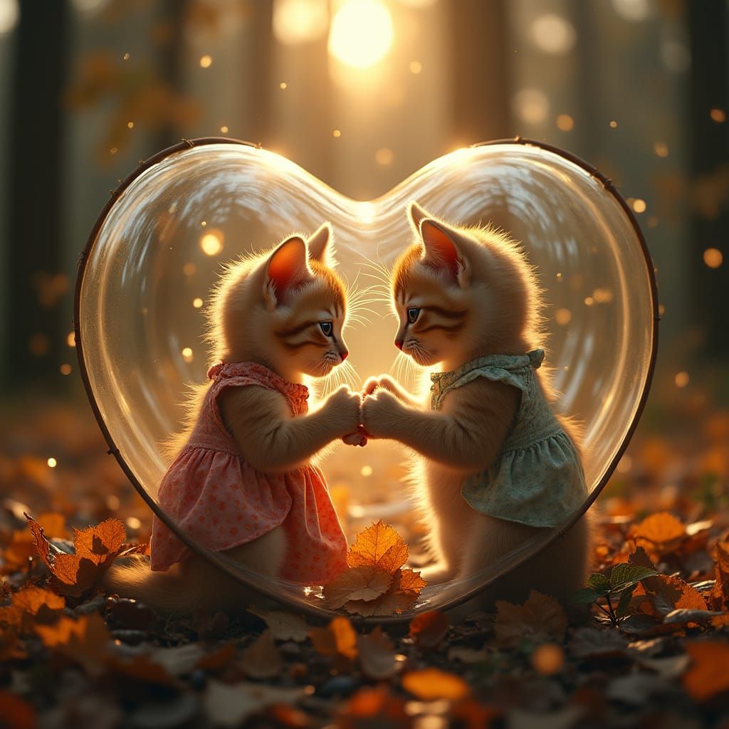 Kittens' Breakfast Inside Glass Heart, Oil Painting Style