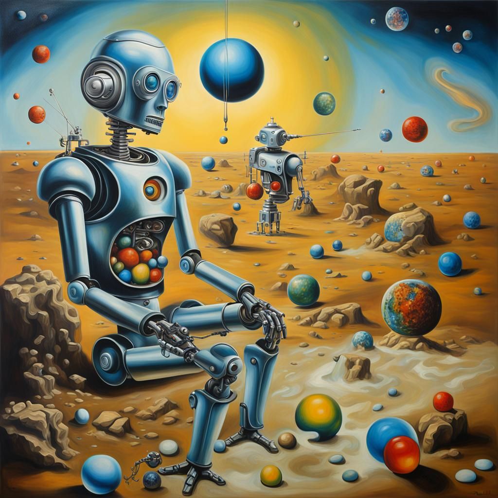 Robots and Musical Marbles in Surrealist Style