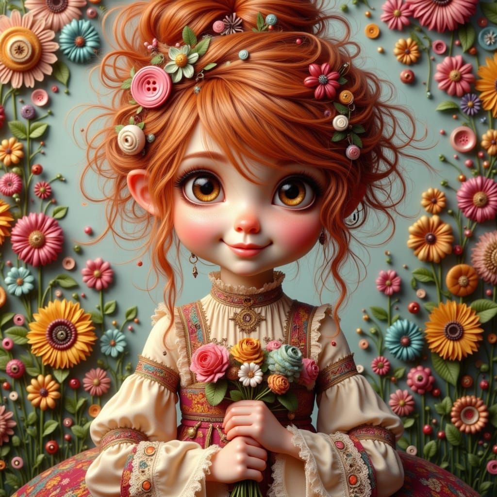 Cute Girl with Button Flowers in Ruffled Dress