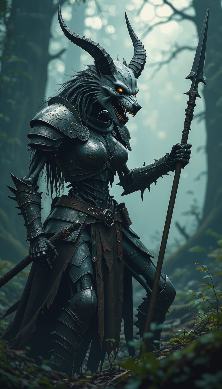 Skeleton Wolf Knight in Dark Forest Landscape