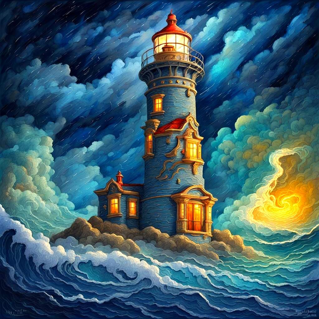 Lighthouse of Magic: Art Nouveau Impasto in Storm