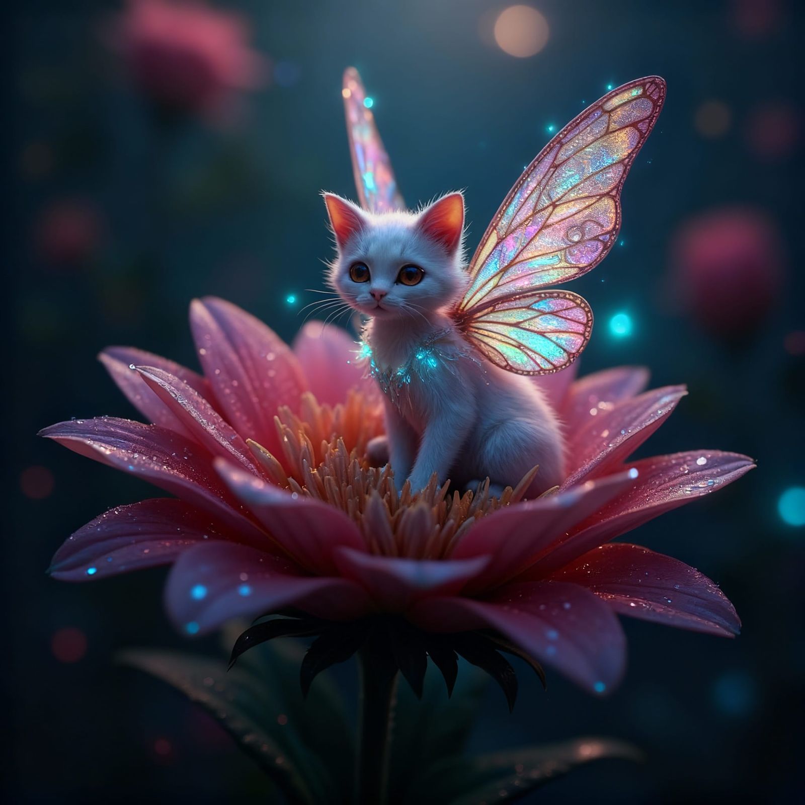 Cat-Fairy on Flower, Fantasy Matte Painting