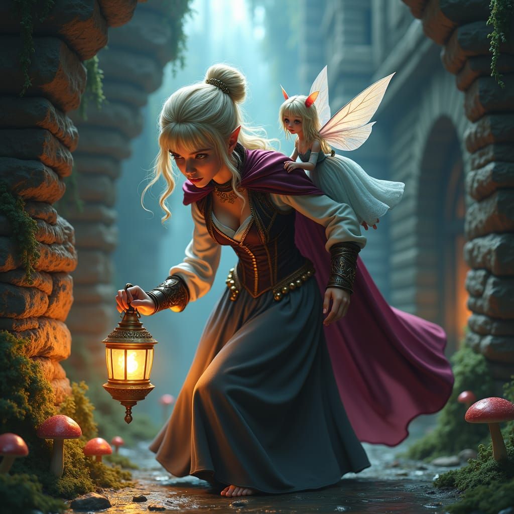 Half-Elf Rogue Sneaking Through Sewer with Pixie Companion