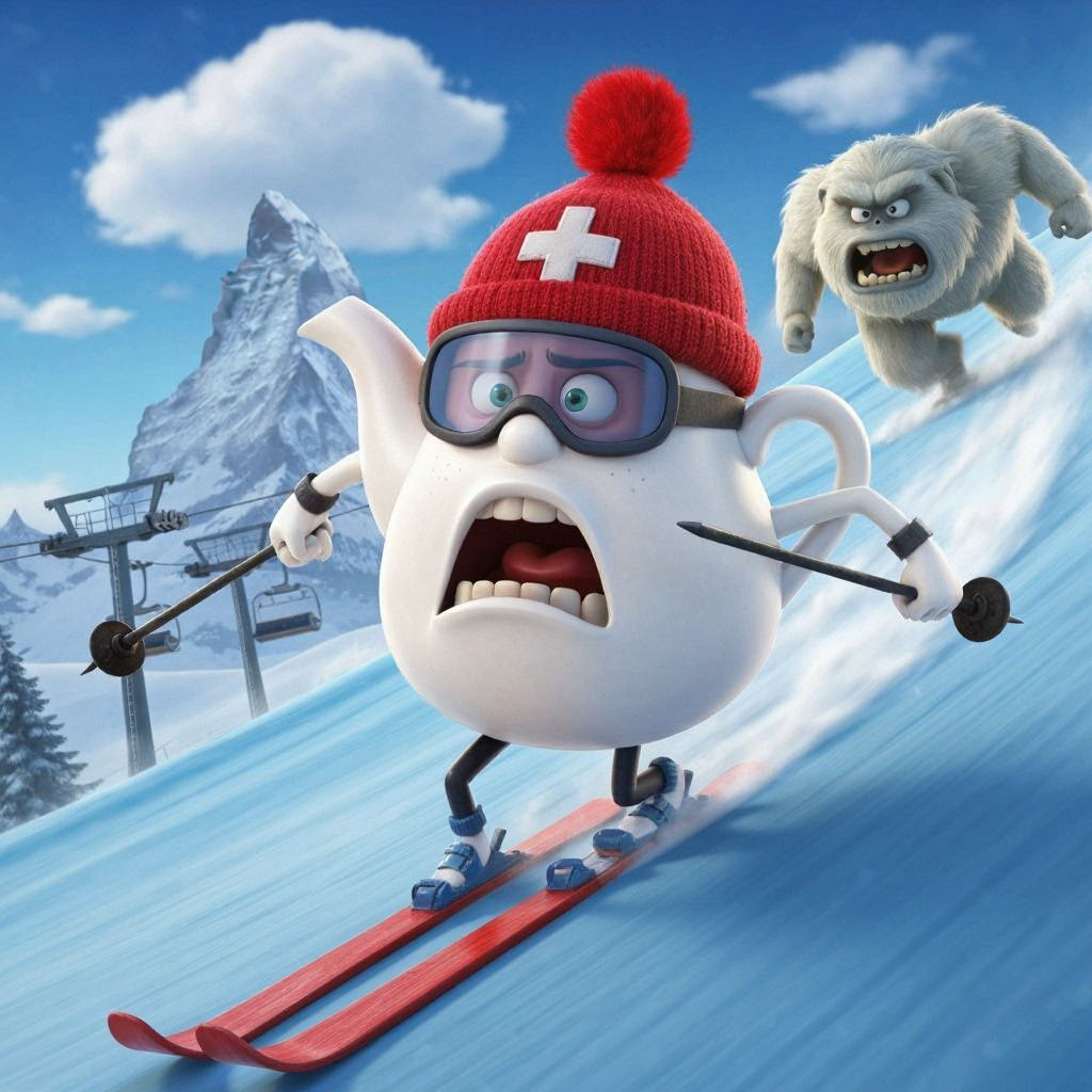 Terrified Teapot Flees Yeti Down Snowy Mountain