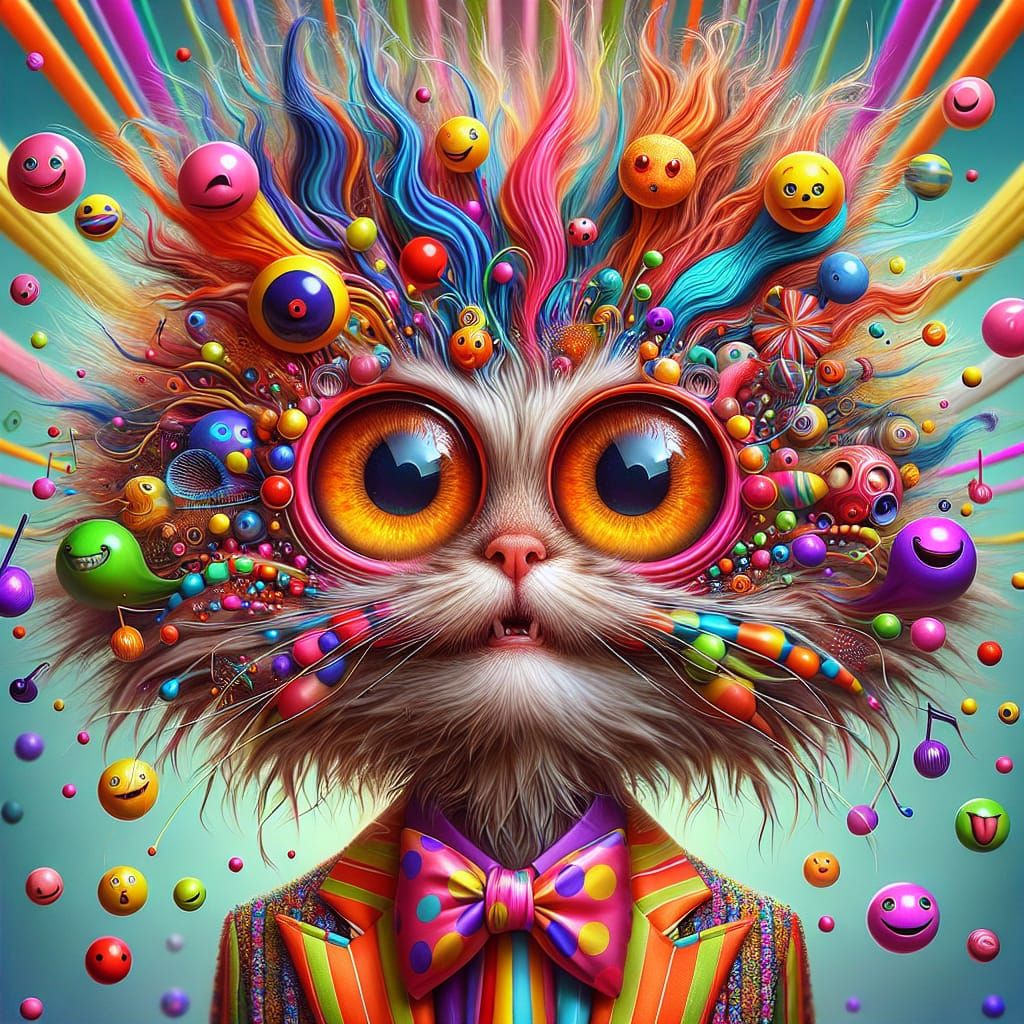 Whimsical Cat Portrait with Colorful Fur and Musical Notes