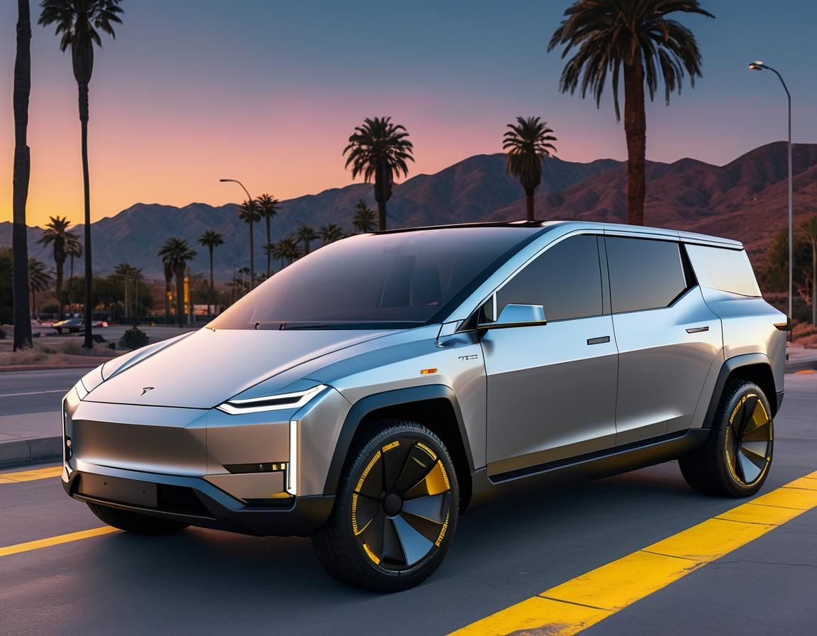 Tesla Cybertruck at Sunset in Neon-Lit Las Vegas