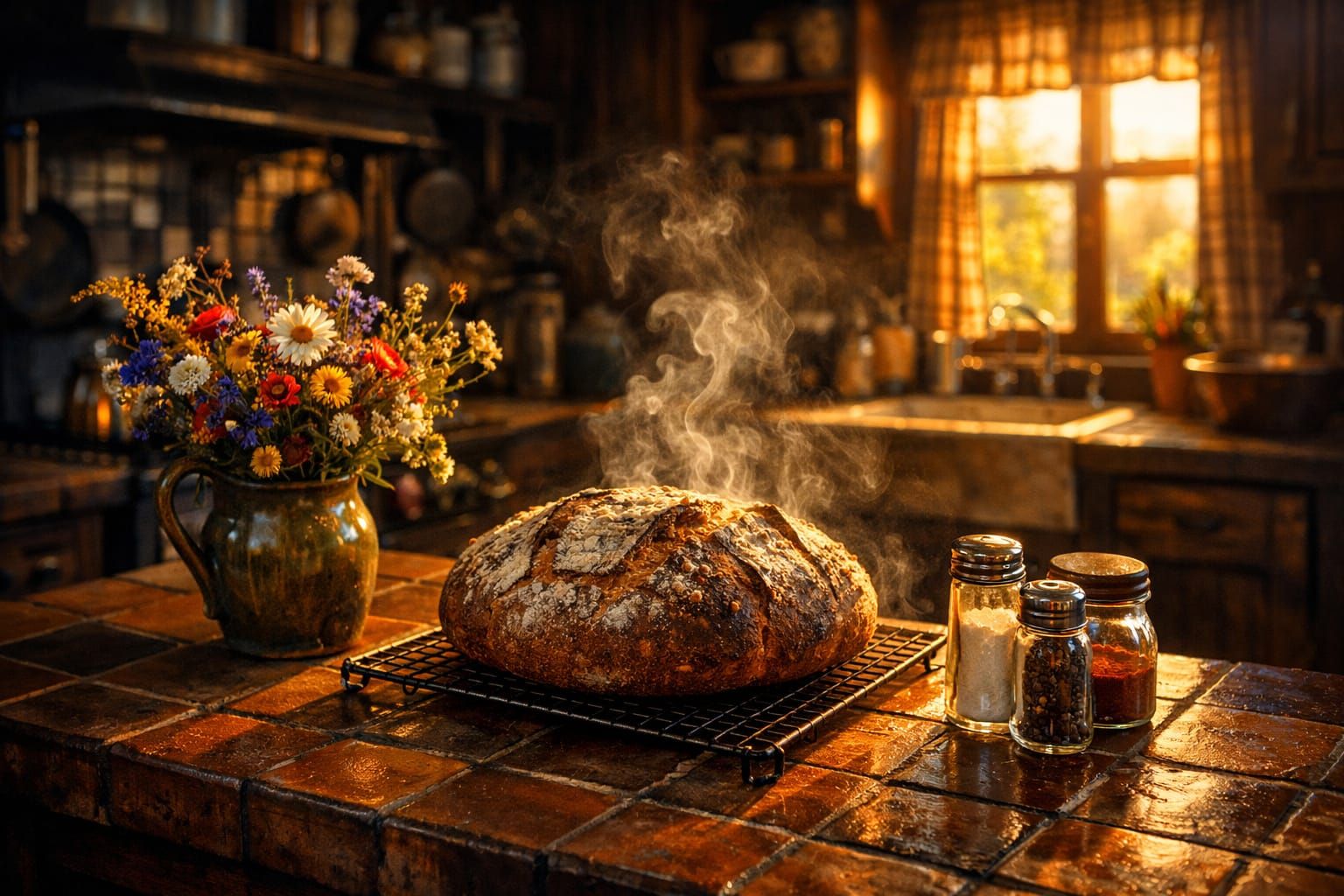 Nostalgic Country Kitchen with Steaming Sourdough Bread