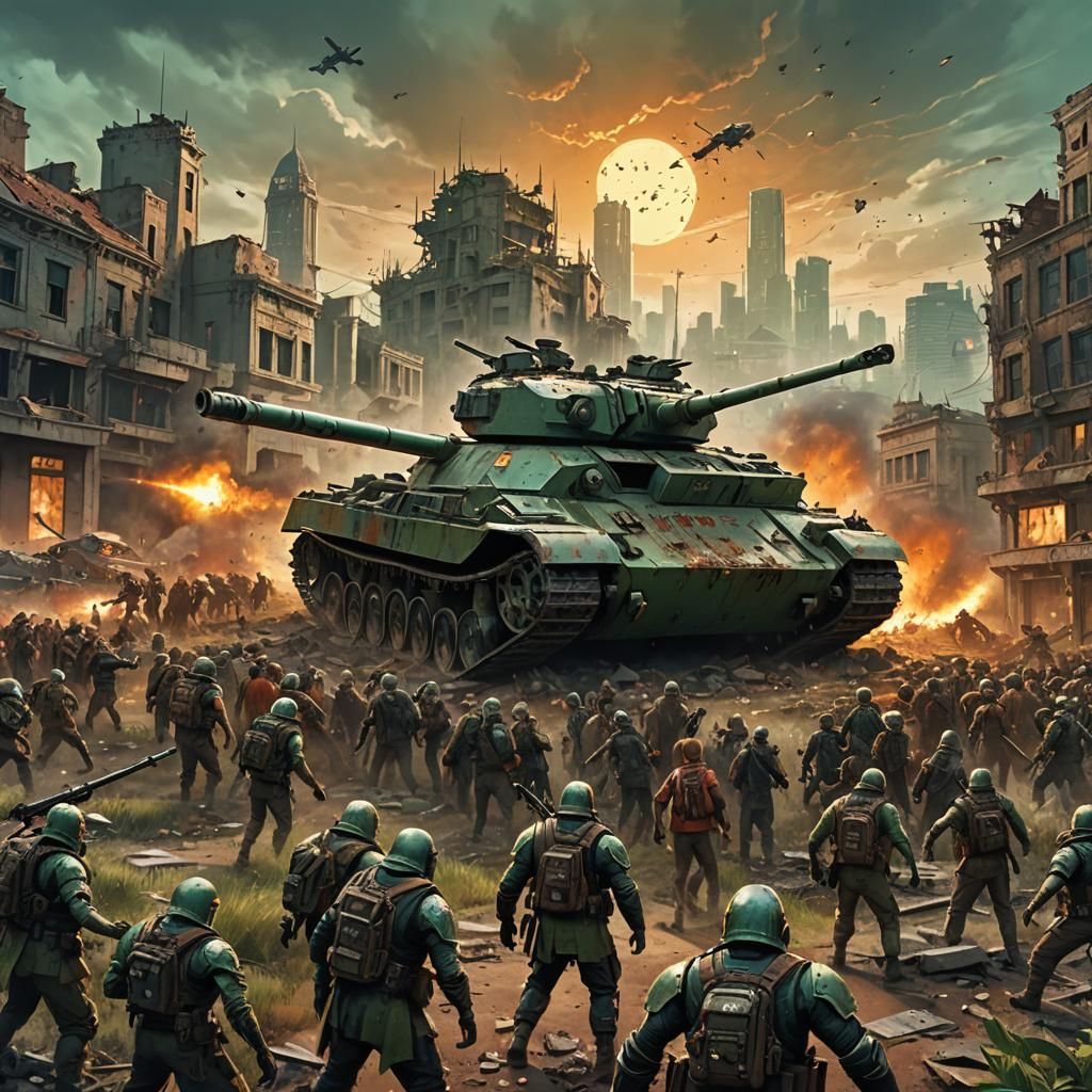 Tank vs. Zombies in Ruined City, Digital Matte Painting
