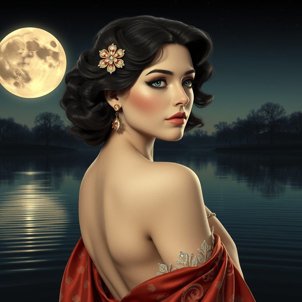 Ethereal Woman Portrait in a Nocturnal Landscape