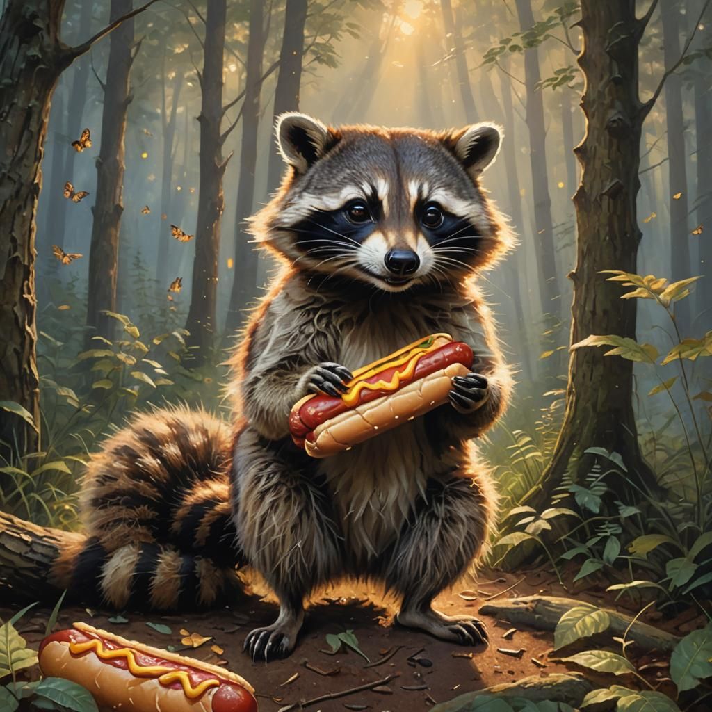Raccoon's Misty Feast: An Oil Painting Masterpiece