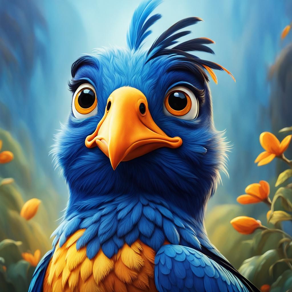 Disney Style Blue Bird Close-Up Illustration