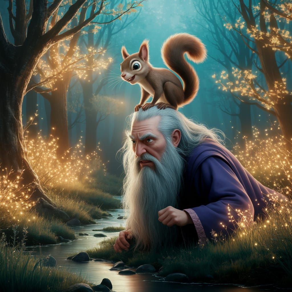 Squirrel Prank on Wizard in Bioluminescent Forest