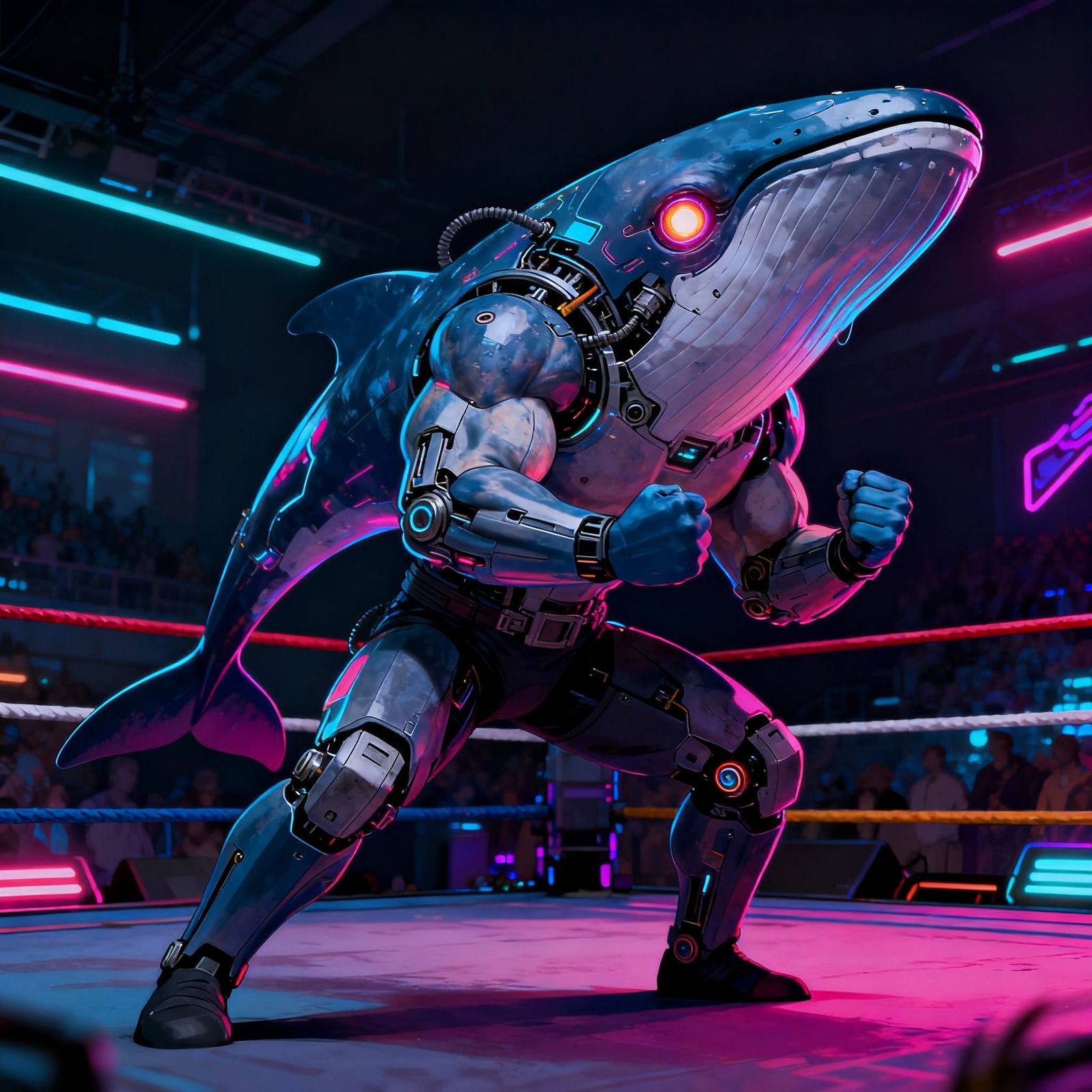 Cyborg Whale Wrestler in Cyberpunk Style