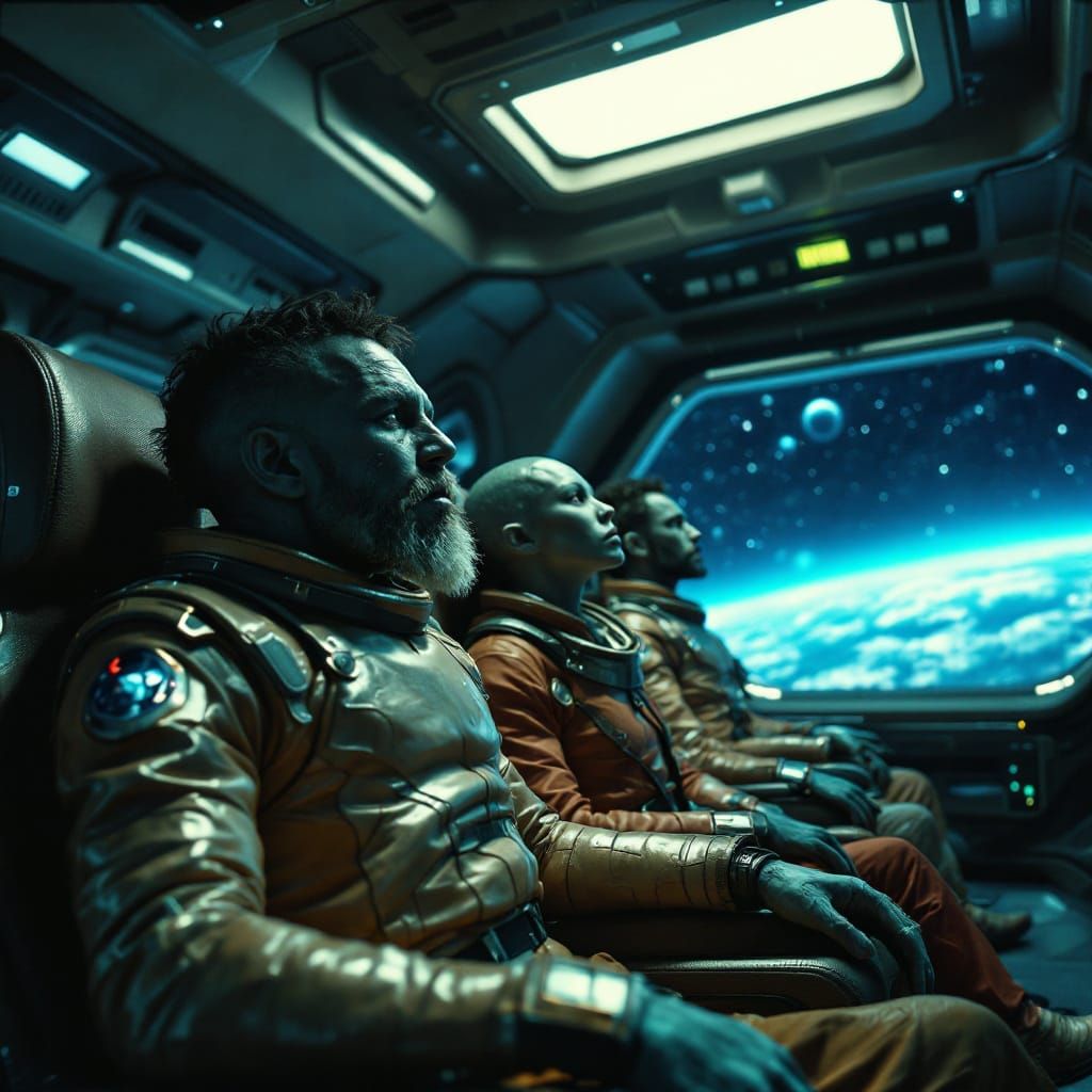 The Crew of a hyper realistic super cool sci-fi cargo space freighter ship in space, from a different world similar to e...