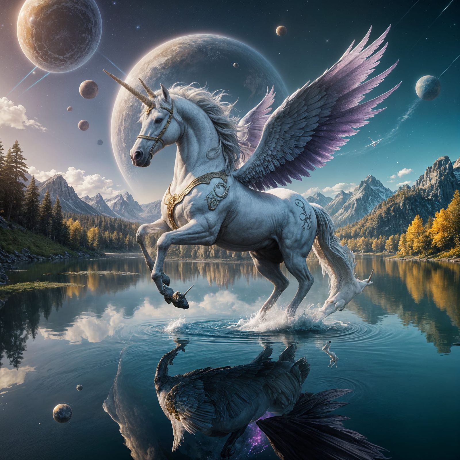 Unicorn Flight Over Mirrored Lake: Fantasy Art