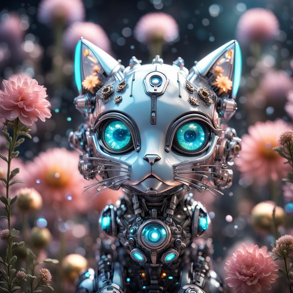 Opalescent Cyborg Kitten Portrait in Hyperspace