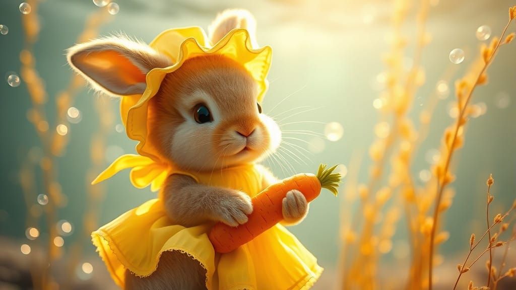 Whimsical Underwater Rabbit in Yellow Sundress with Orange C...