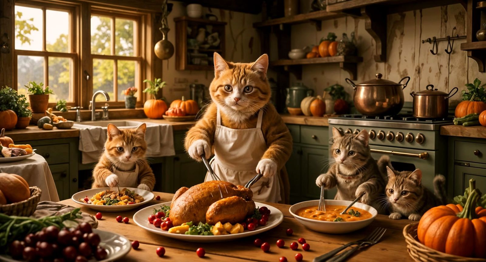 Cats Host Thanksgiving Dinner in Cozy Farmhouse Kitchen