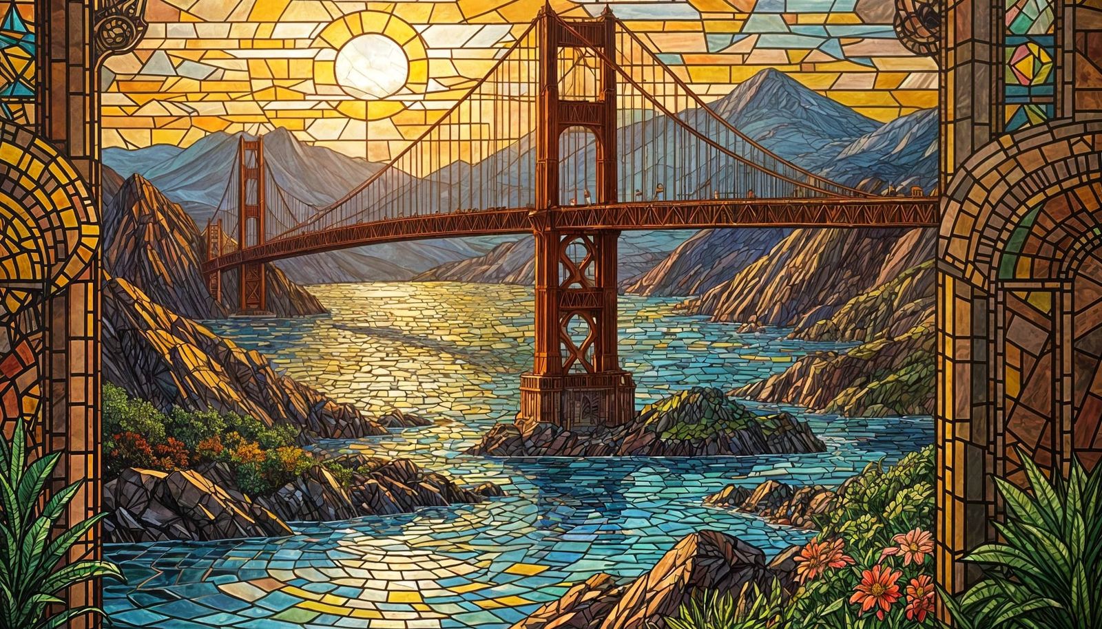 Golden Gate Bridge in Vibrant Stained Glass Art