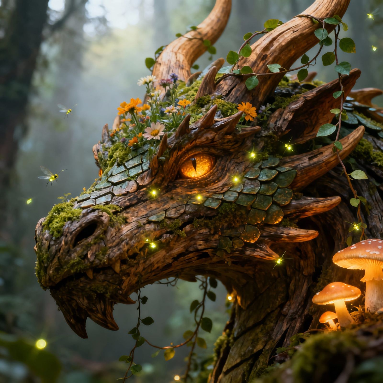 Majestic Dragon Face of Living Wood with Luminous Flora