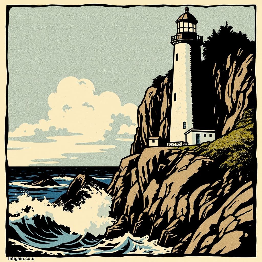 Vintage Linocut Lighthouse on Rocky Cliff