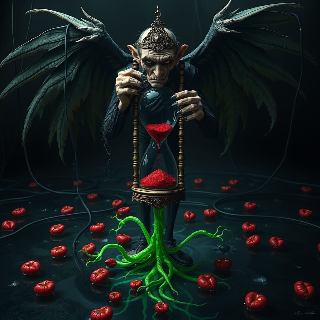 Sinister Old Man with Hourglass in Gothic Landscape