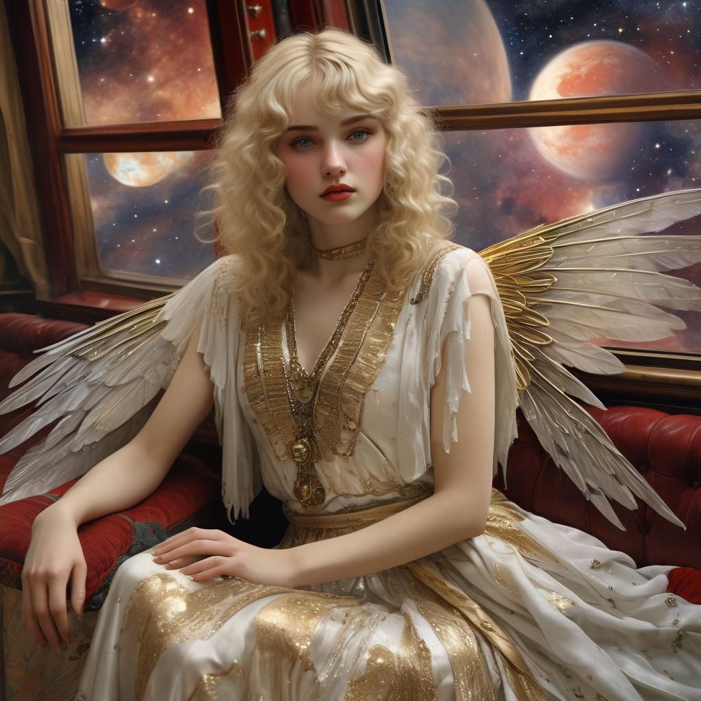 Flapper Fairy on Spaceship in Art Nouveau Style