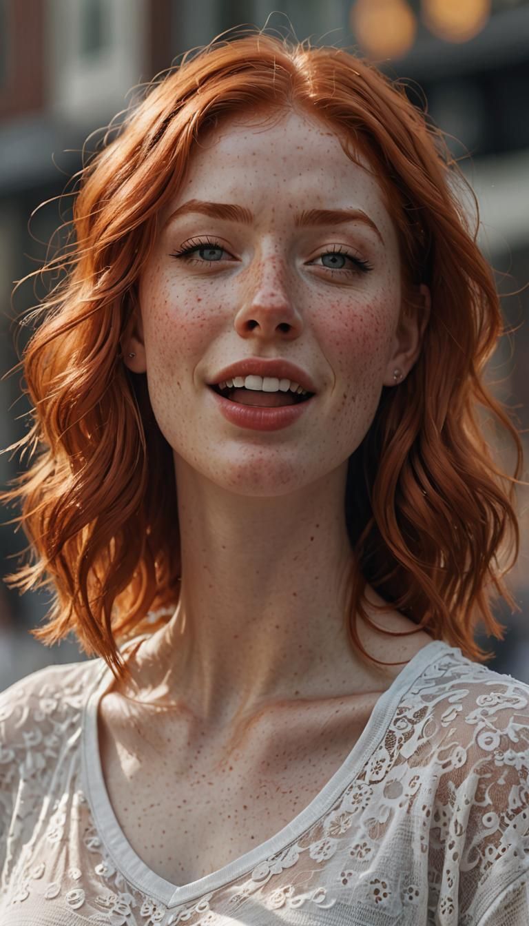 a Sleepy Red hair girl, crop top, dreamy, mouth open yawning