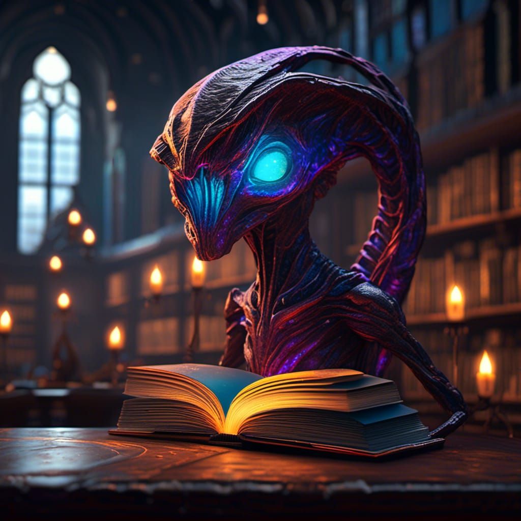 Alien Reads Glowing Book in Library: Digital Art