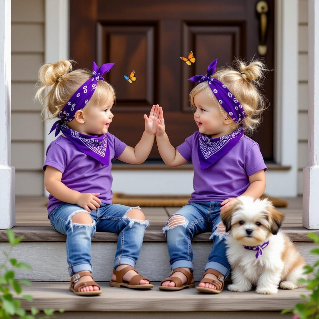 Realistic Babies High Five on Porch with Puppy