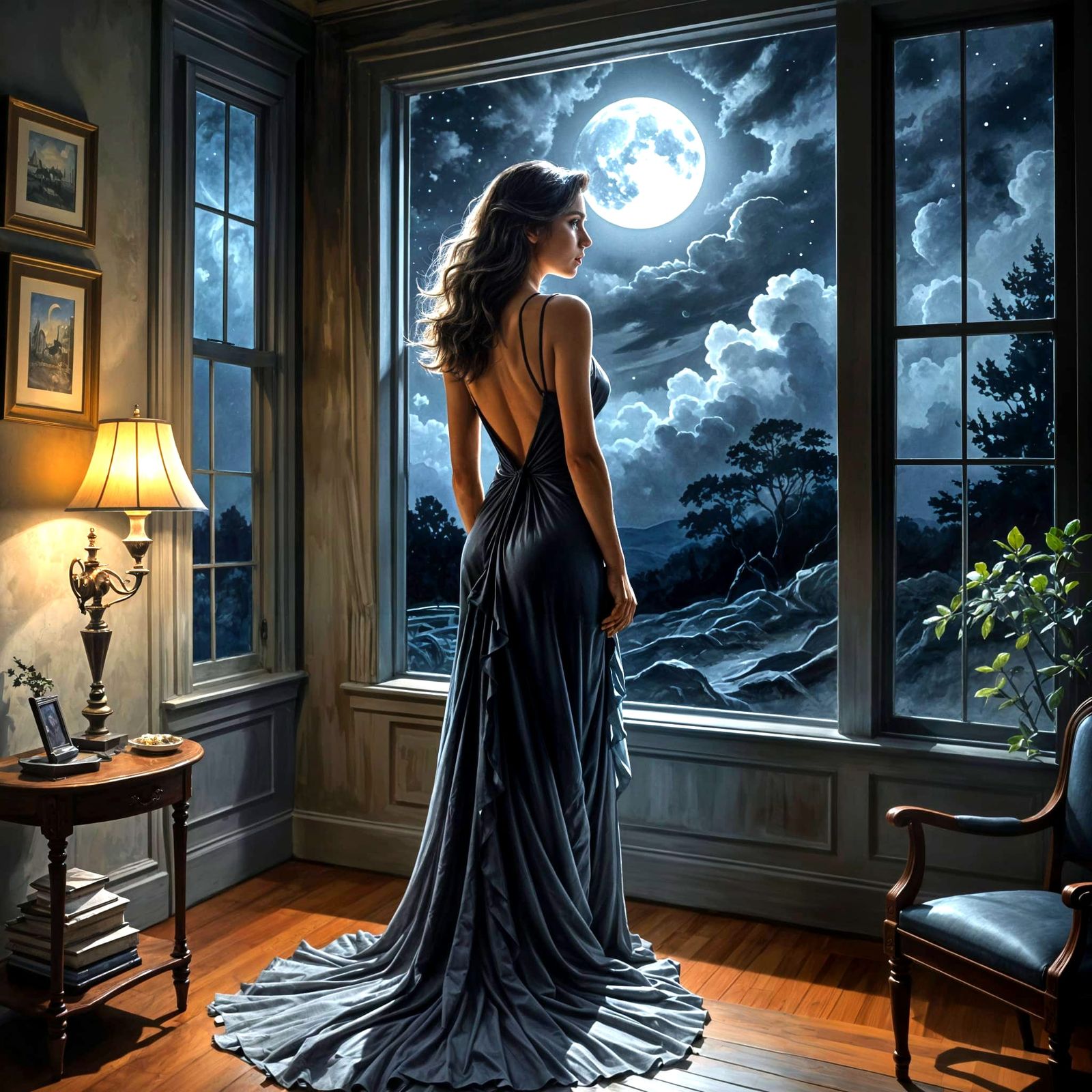 Ethereal Woman in Moonlit Window, Cinematic Noir Inspiration